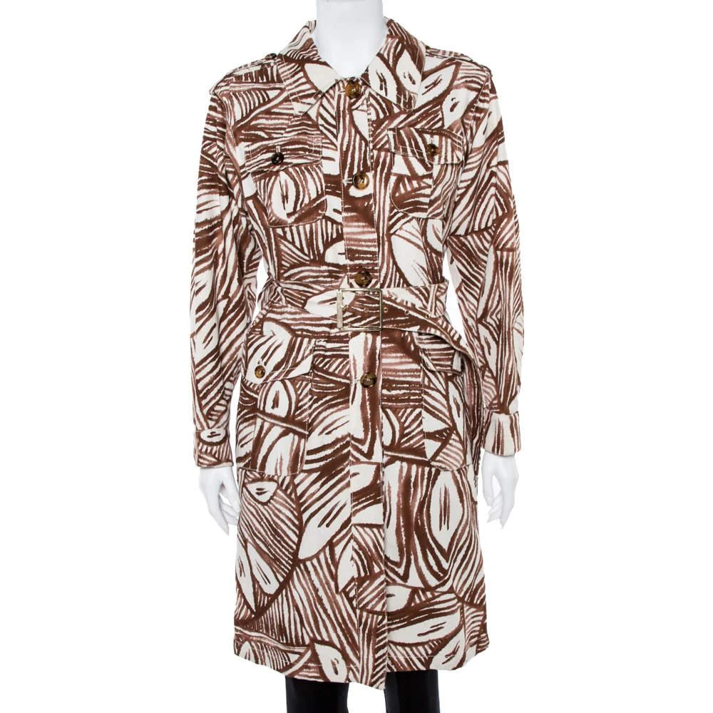 Max Mara Max Mara White & Brown Printed Canvas Belted Coat M 1