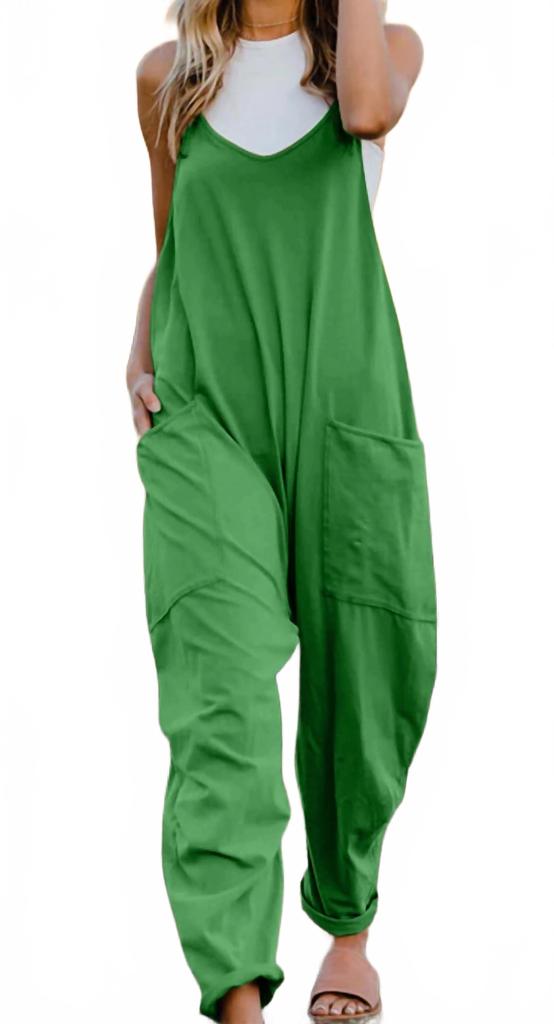 Double Take Full Size V-Neck Sleeveless Jumpsuit With Pockets In Green