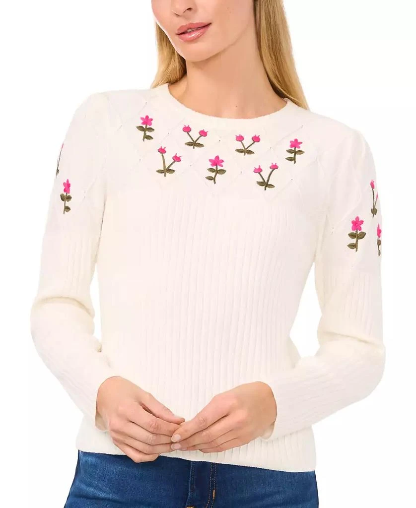 CeCe Women's Cotton Embroidered Crewneck Sweater 1