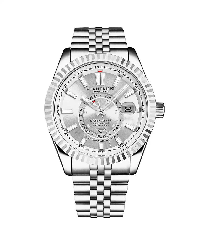 Stuhrling Datemaster II Men s Swiss Automatic 42mm Stainless Steel Watch, Silver Dial, Fluted Bezel, Day & Date, 100M Water Resistant 1