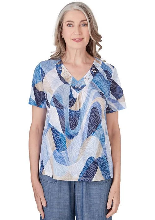 Women's Blue Bayou Wavy Abstract Top – On Sale Now with Up to 66