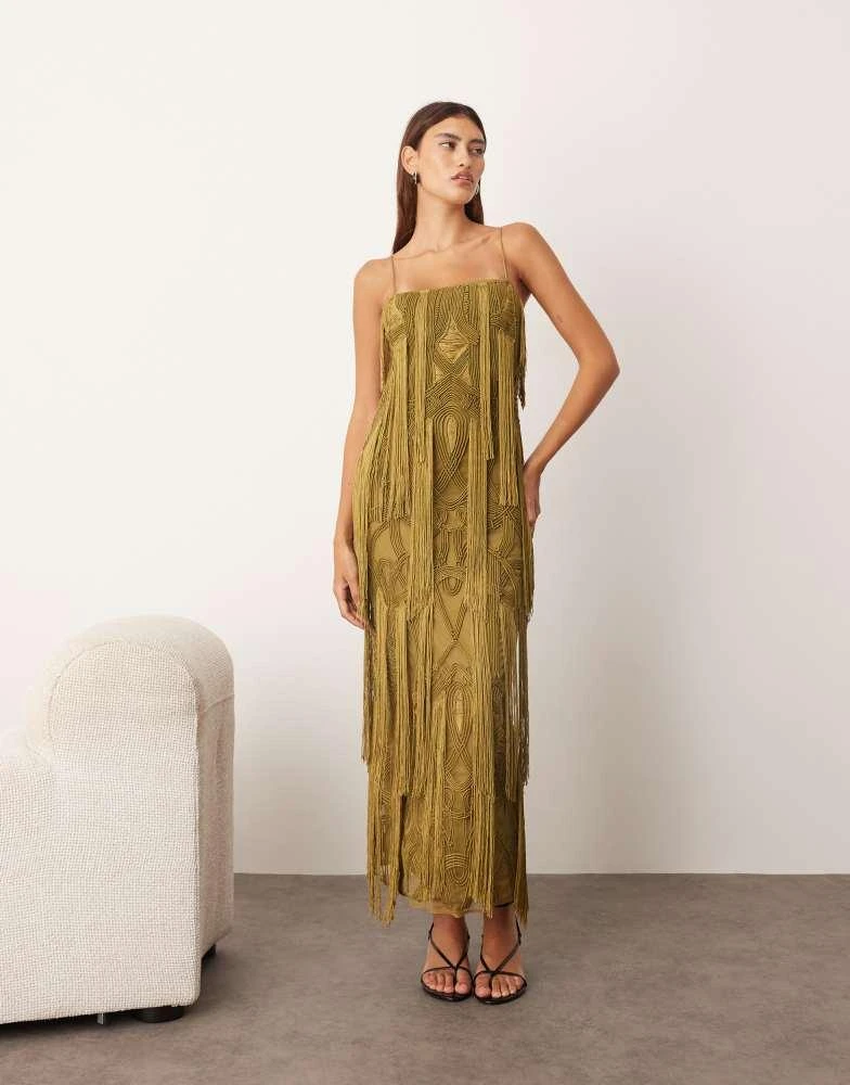 ARRANGE ARRANGE geo fringe cami column maxi dress in MOSS GREEN - MOSS GREEN - UK 16 ARRANGE ARRANGE geo fringe cami column maxi dress in MOSS GREEN - MOSS GREEN - UK 16