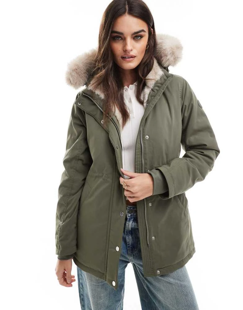 HOLLISTER Hollister teddy faux fur lined hooded parka jacket in dusty olive 1