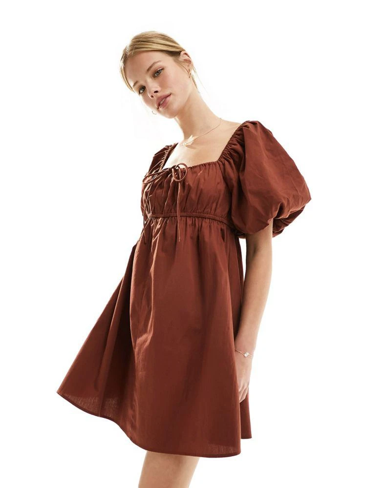 ASOS ASOS DESIGN puffed sleeve smock mini dress in brown 1