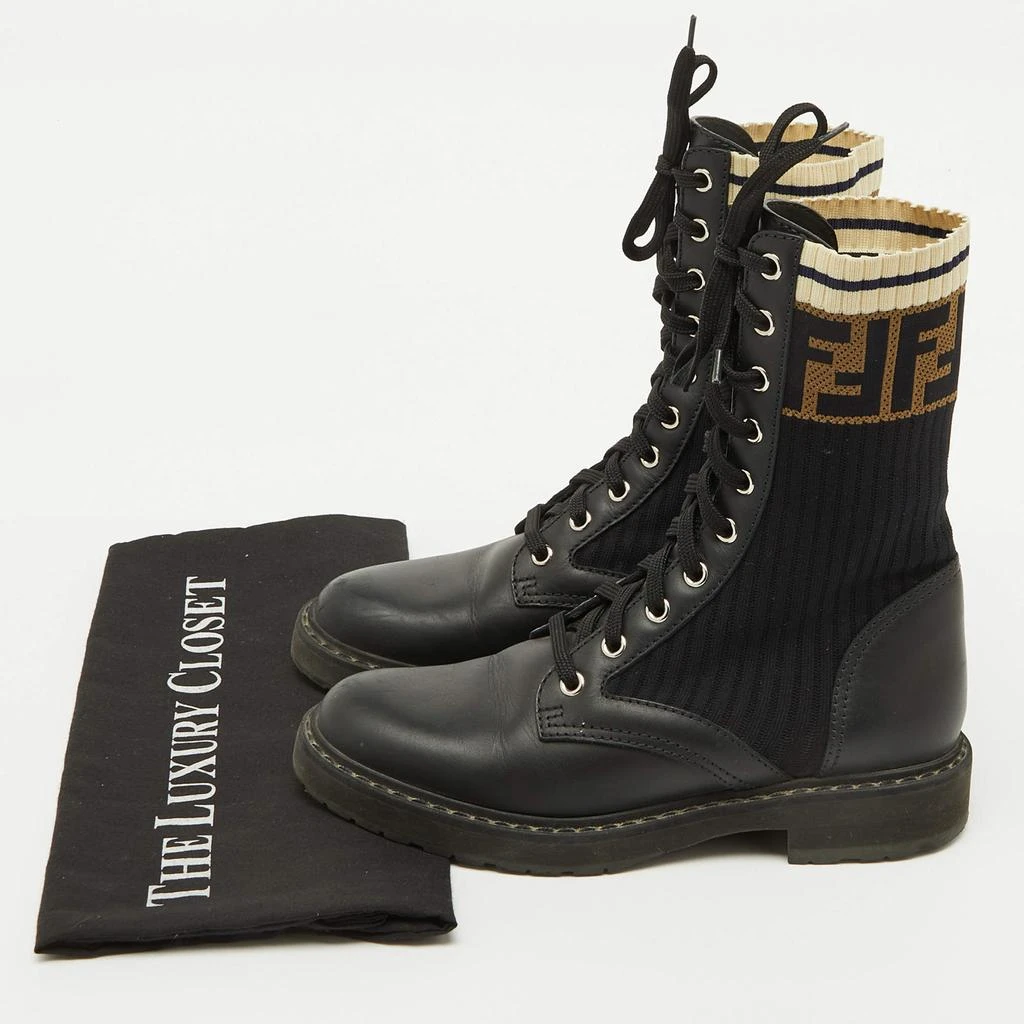 Fendi Fendi Black Leather and Zucca Stretch Fabric Rockoko Combat Boots Size 35.5 9
