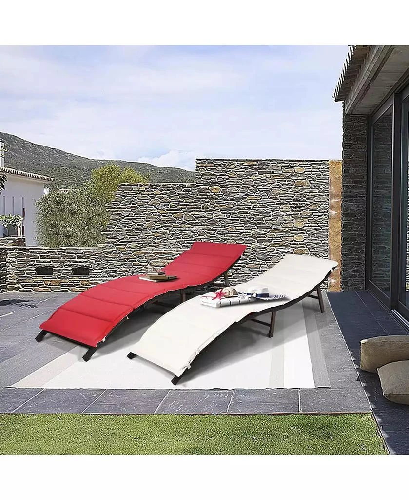 Gymax Set of 2 Folding Wicker Chaise Portable Lounge Chair w/ Double Sided Cushion 9