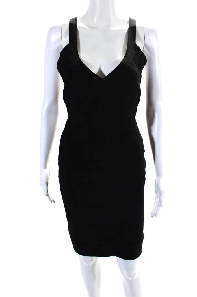 Herve Leger Herve Leger Womens V-Neck Zip Up Strappy Bandage Bodycon Dress Black 1