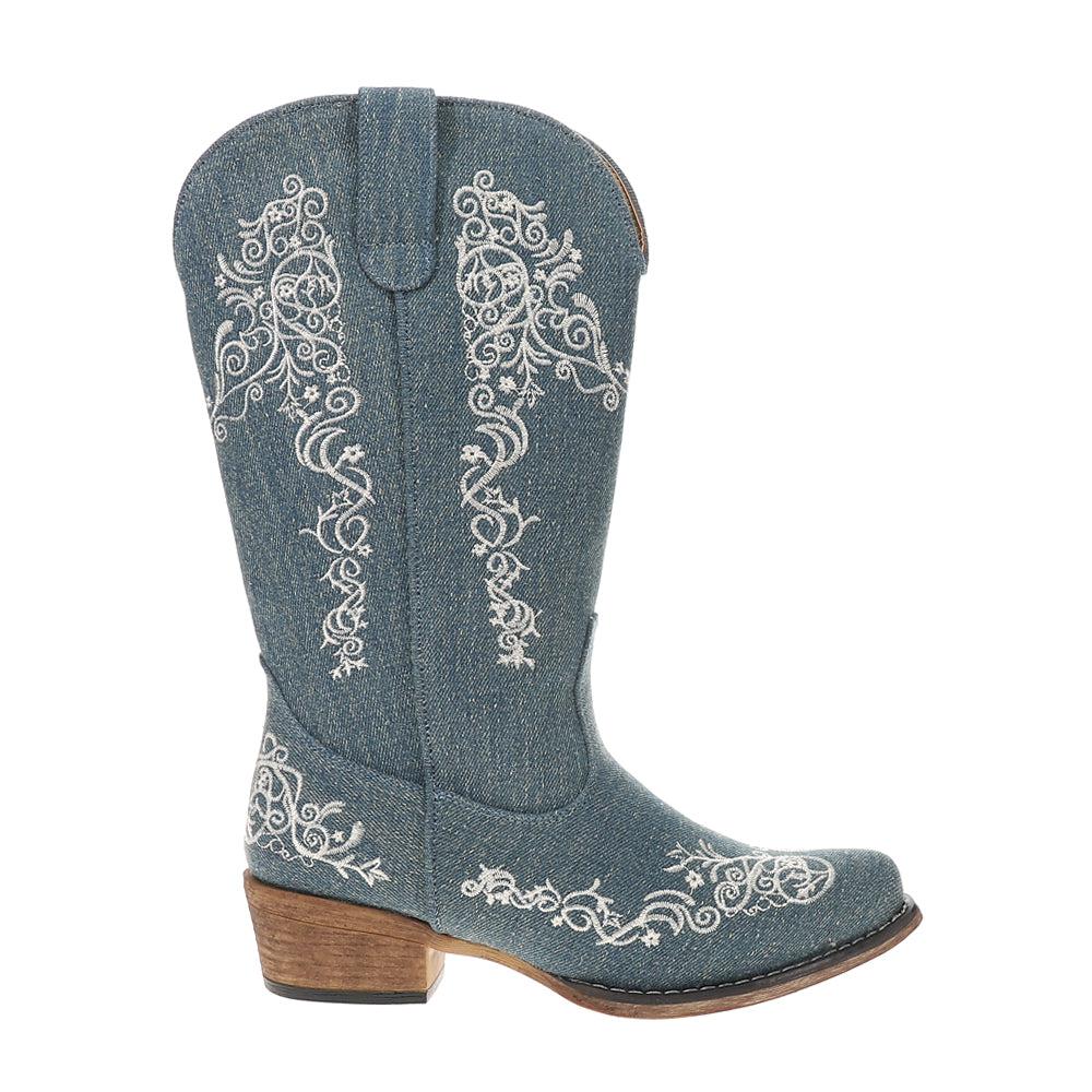 Roper Riley Scroll Denim Embroidered Snip Toe Cowboy Boots