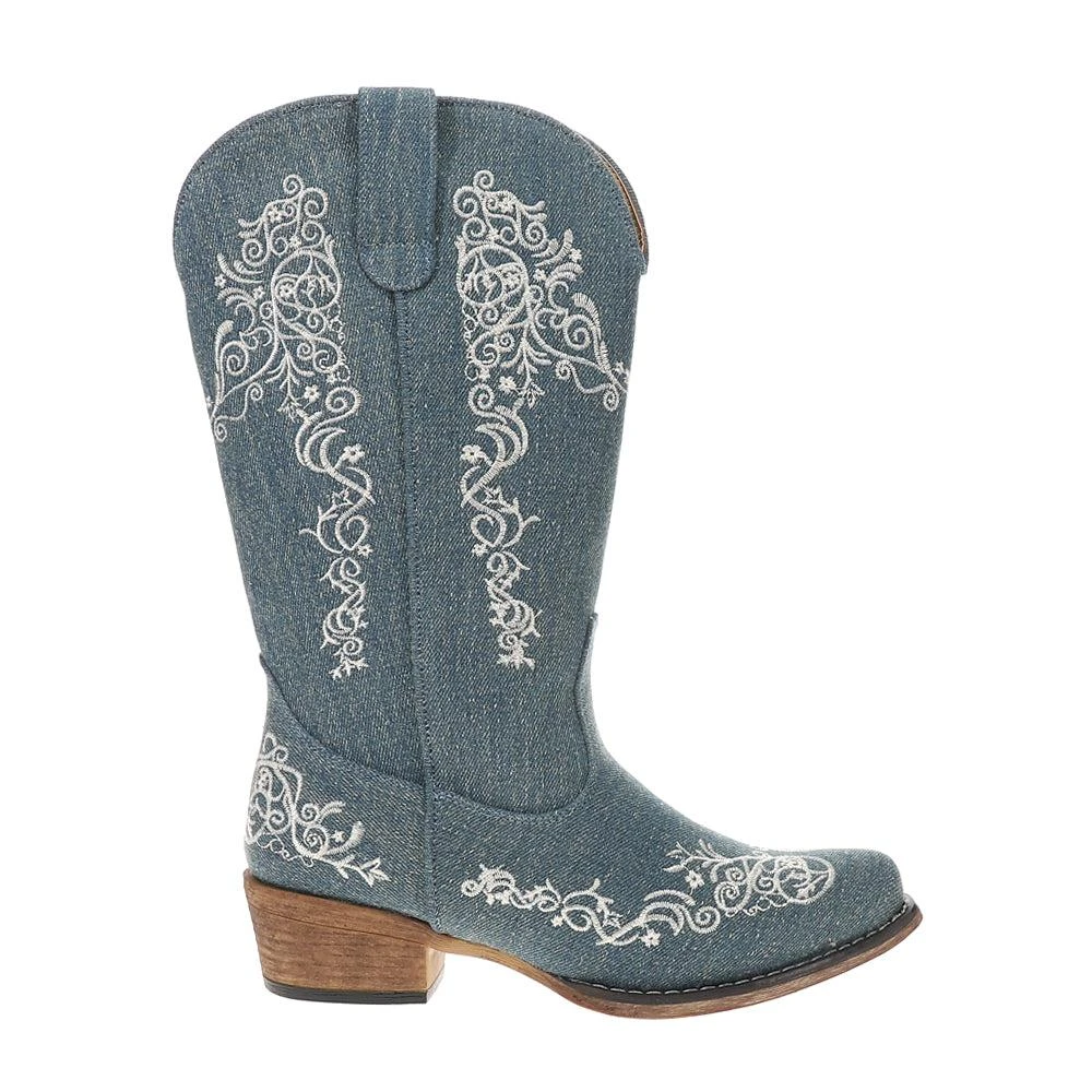 Roper Riley Scroll Denim Embroidered Snip Toe Cowboy Boots 1