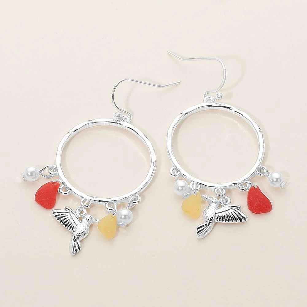 FASHNZFAB Hummingbird Sea Glass Charm Drop Open Ring Dangle Earrings 3