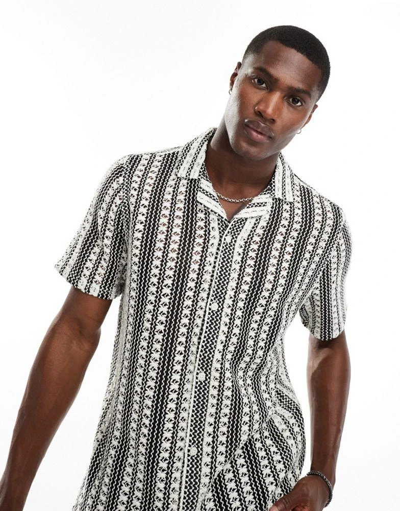 HOLLISTER Hollister short sleeve revere collar stripe crochet shirt in black/white 1