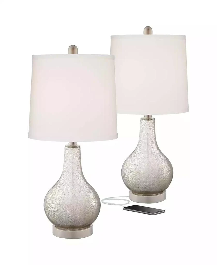360 Lighting Ledger Modern Accent Table Lamps 21 3/4" High Set of 2 Mercury Glass with USB Charging Port Off-White Drum Shade for Family Office Desk
