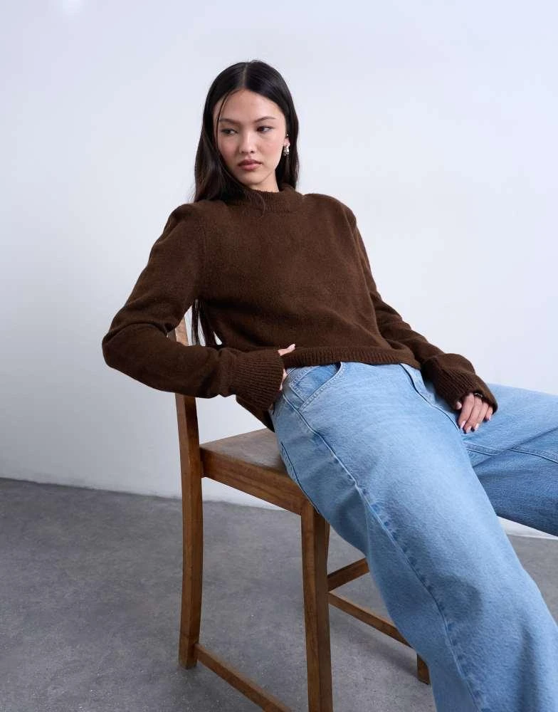 Topshop Topshop knitted high back cut out top with shoulder pads in chocolate