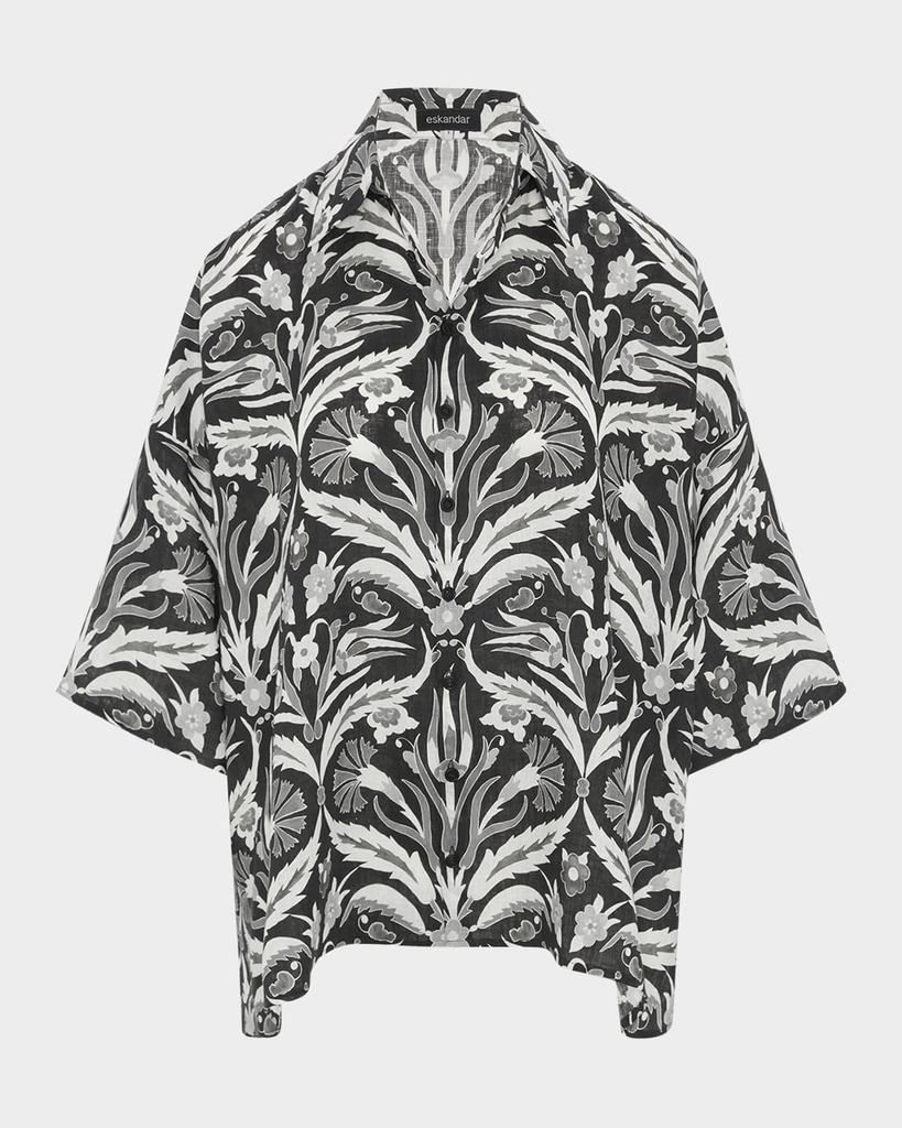 Eskandar Sloped-Shoulder Wide A-Line Short-Sleeve Shirt With Collar (Mid Plus Length)