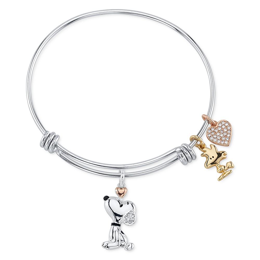 Peanuts Unwritten Snoopy & Woodstock Bangle Bracelet in Stainless Steel with Silver Plated Charms