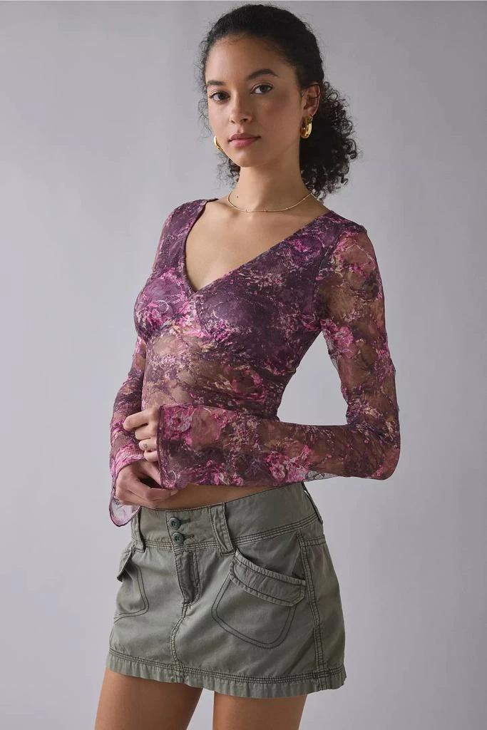 Motel Motel Copriva Plunging Sheer Lace Long Sleeve Top