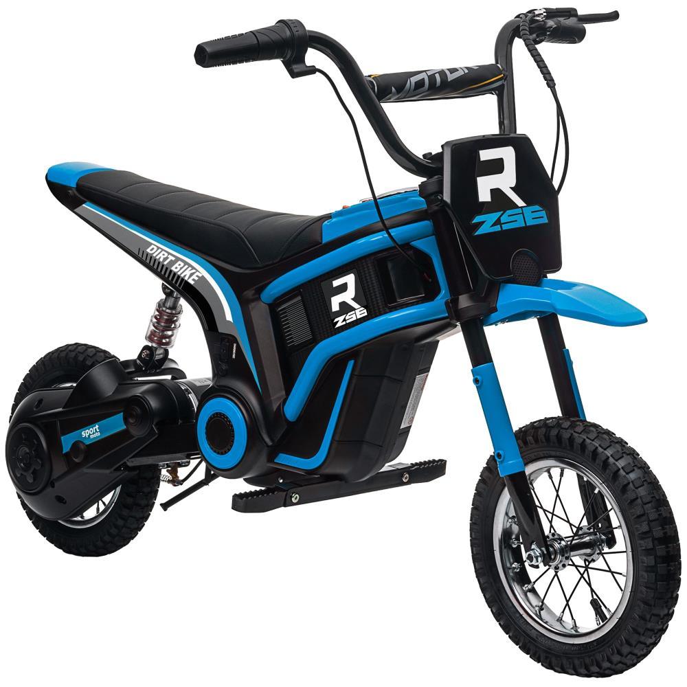 BreeBe Aosom Electric Dirt Bike with Twist Grip Throttle, 24V 350W Off-Road Electric Motorcycle, Up to 15 MPH with Brake, Music Horn, Rear Suspension for Ages 13+ Years, Blue