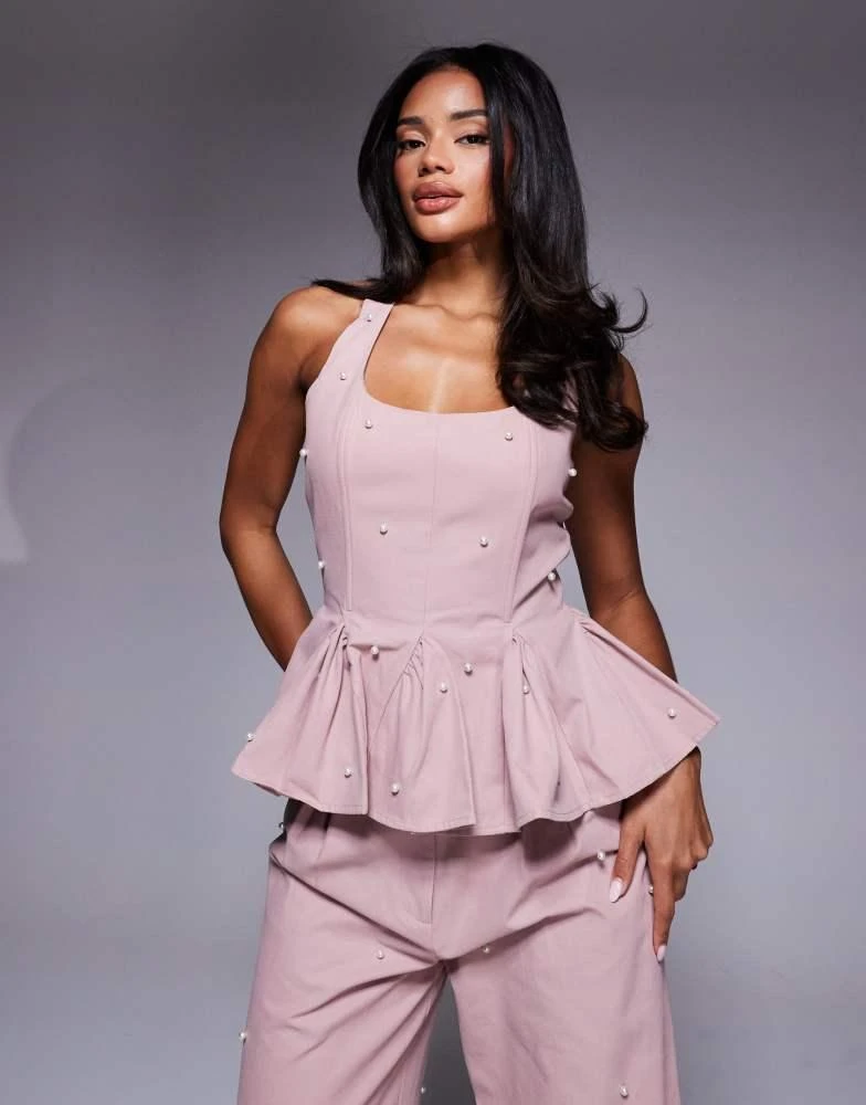 ASOS LUXE ASOS LUXE co-ord pearl embellished cotton twill corset peplum top in pink
