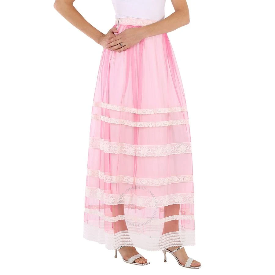 Burberry Ladies Bright Pink Floral Lace-trim Tulle Maxi Skirt 1