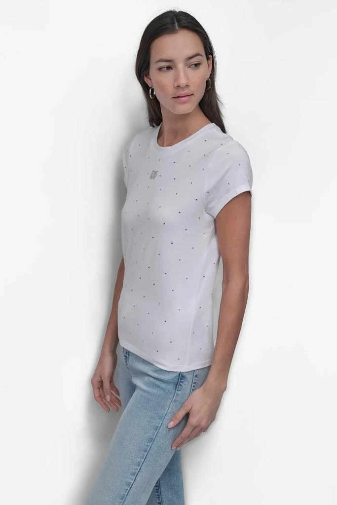 DKNY RHINESTONES CREW NECK CAP SLEEVE FITTED LOGO TEE 3