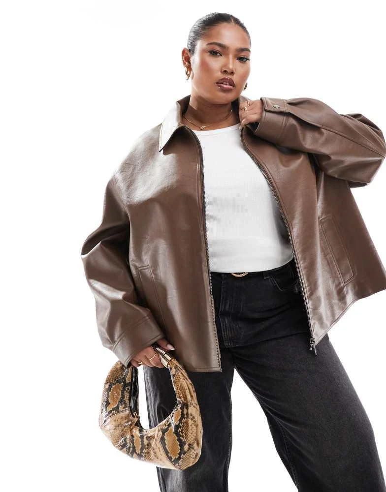 ASOS ASOS DESIGN Curve zip front leather look harrington in chocolate 1