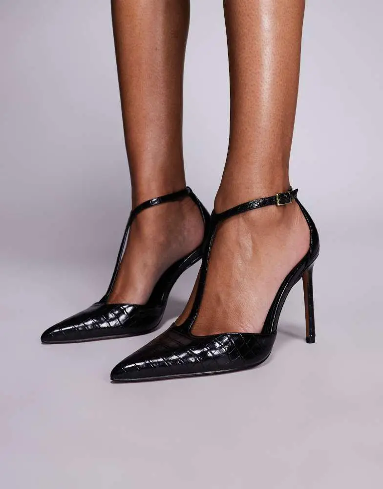 ASOS DESIGN ASOS DESIGN Wide Fit Prime T bar high heeled shoes in black croc