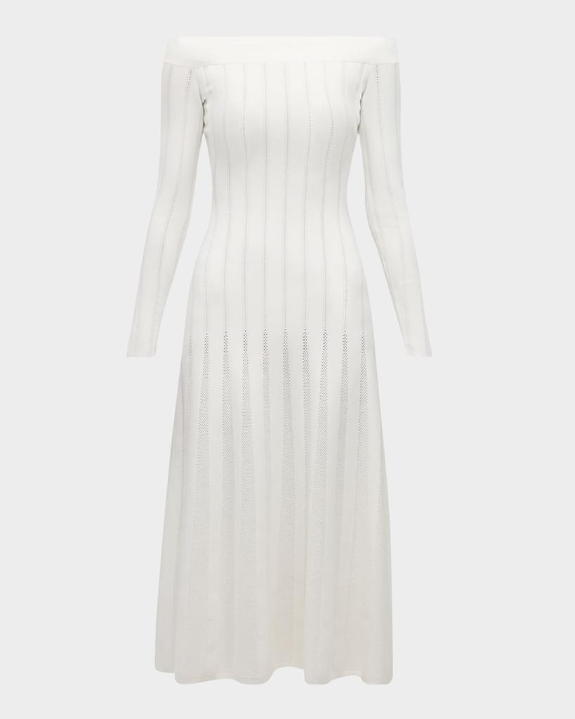 LELA ROSE Off-The-Shoulder Long-Sleeve Pointelle Knit Godet Maxi Dress