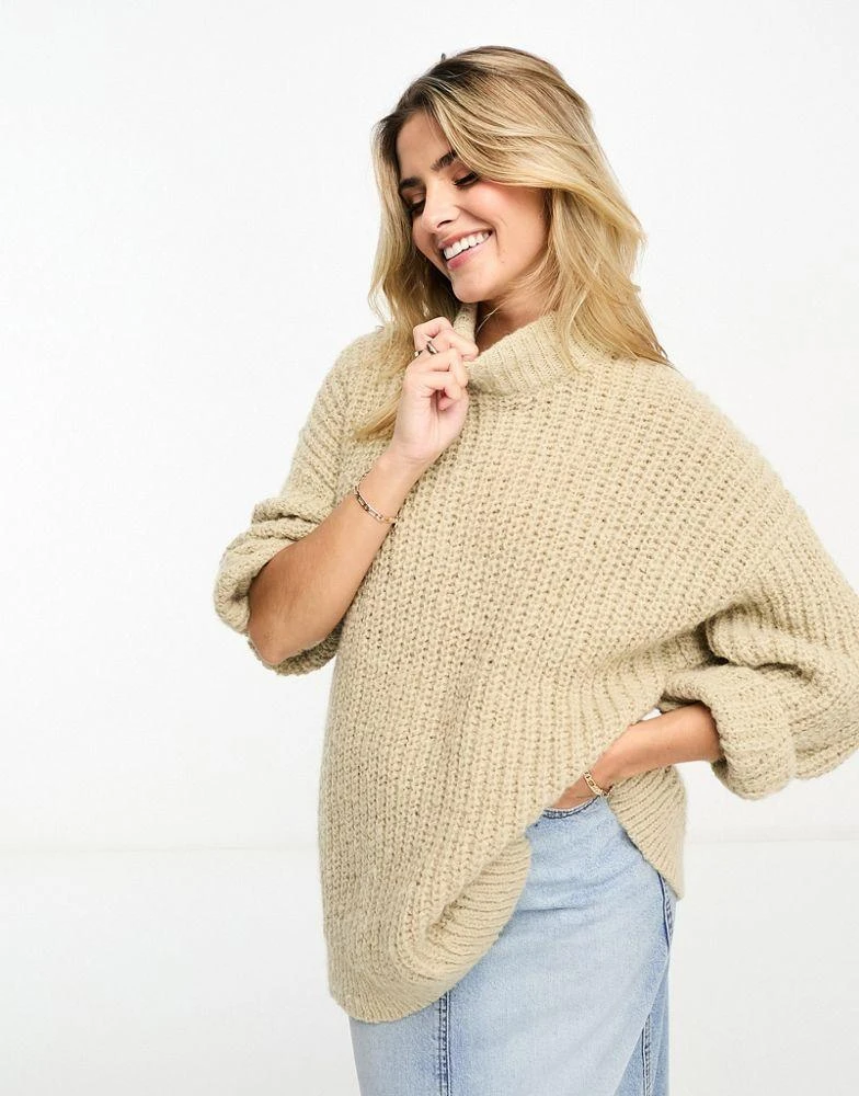 Monki Monki high neck chunky rib knitted jumper with volume sleeve in beige 1