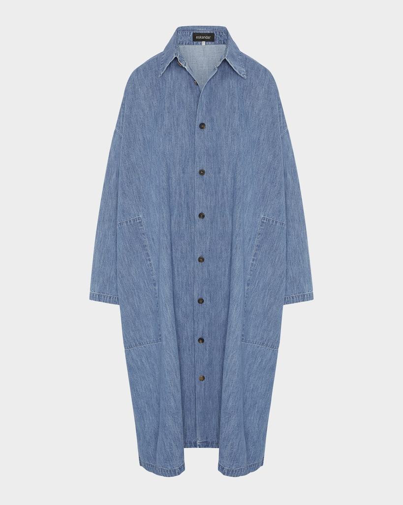Eskandar Denim Wide A-Line Back-Pleat Shirtdress With Collar