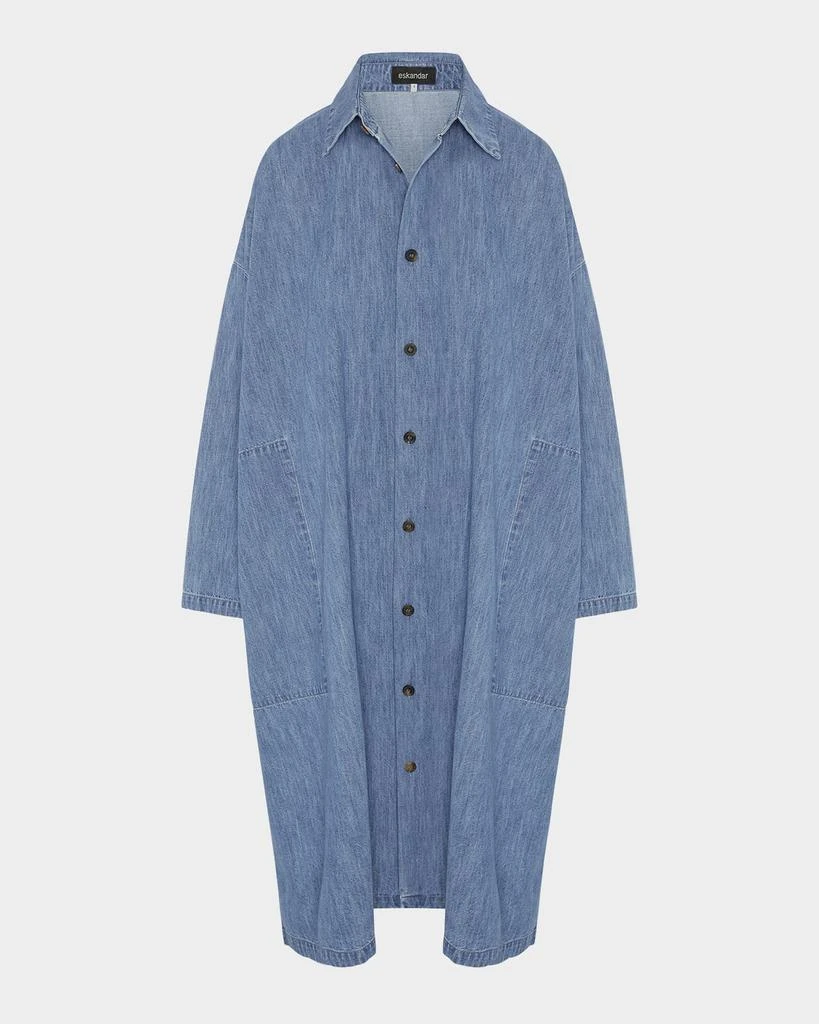 Eskandar Denim Wide A-Line Back-Pleat Shirtdress With Collar 1