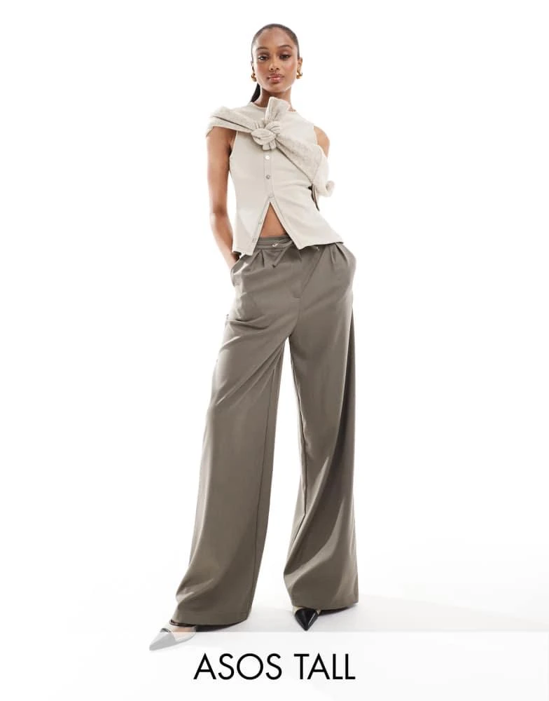 ASOS ASOS DESIGN Tall tailored tie waist wide leg trousers with pleat detail in brushed khaki 1