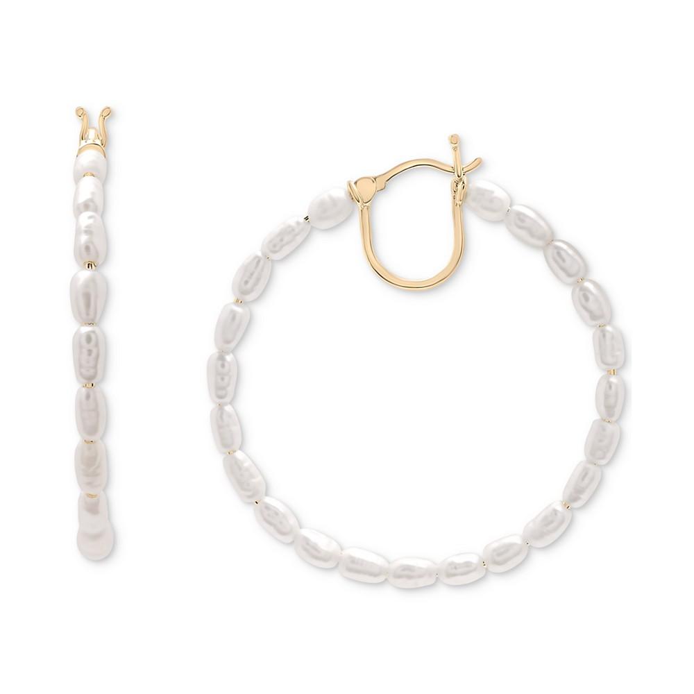 Macy's Cultured Freshwater Pearl (5 x 2-1/2mm) Medium Hoop Earrings in 10k Gold, 1-1/4"