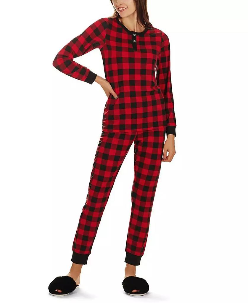 Memoi Women's Buffalo Plaid Long Sleeve Tapered Bottom 2 Piece Pajama Set