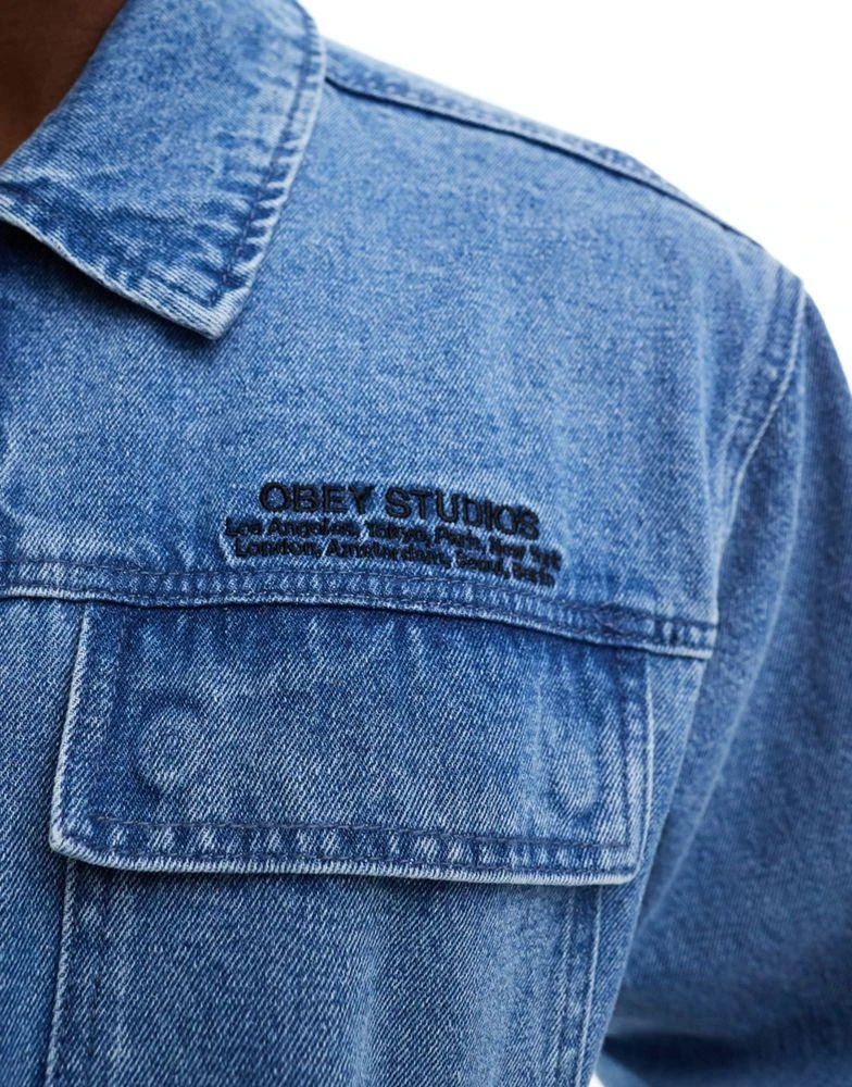 Obey Obey zip through denim jacket with pockets in light indigo wash 3