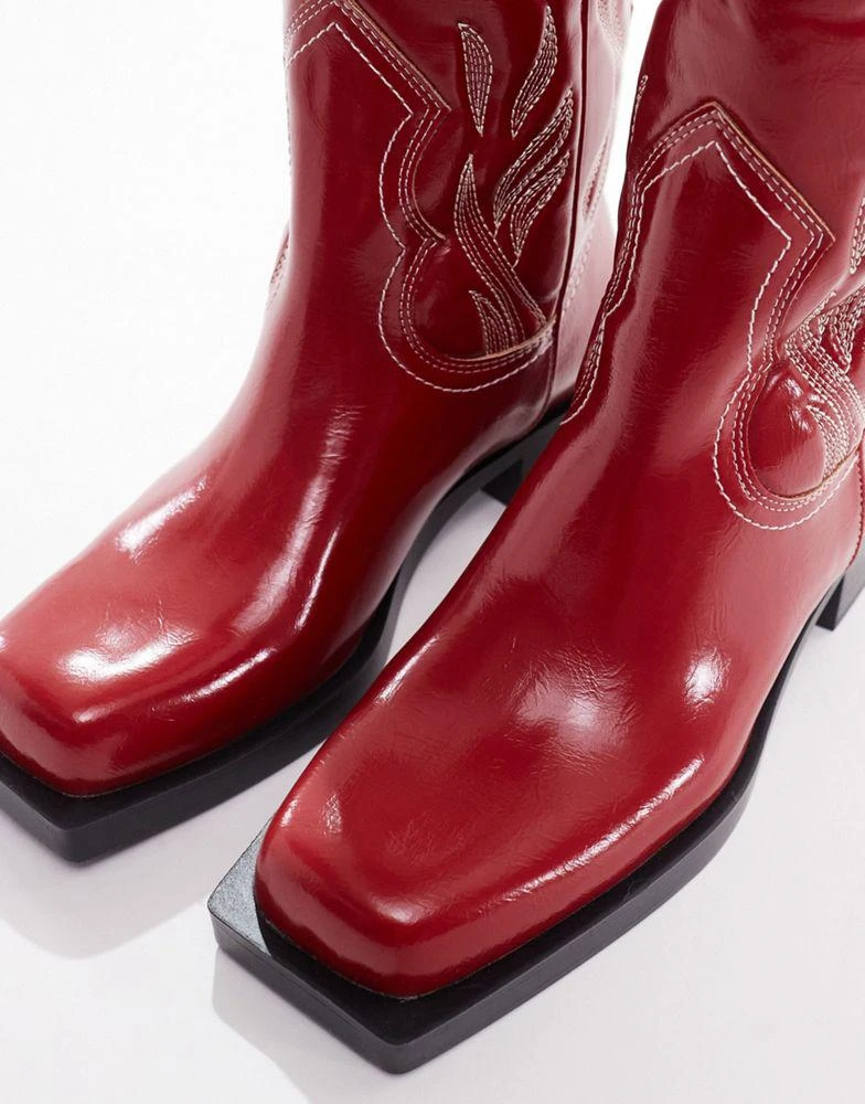 Stradivarius Stradivarius suede square toe western boot in red 4