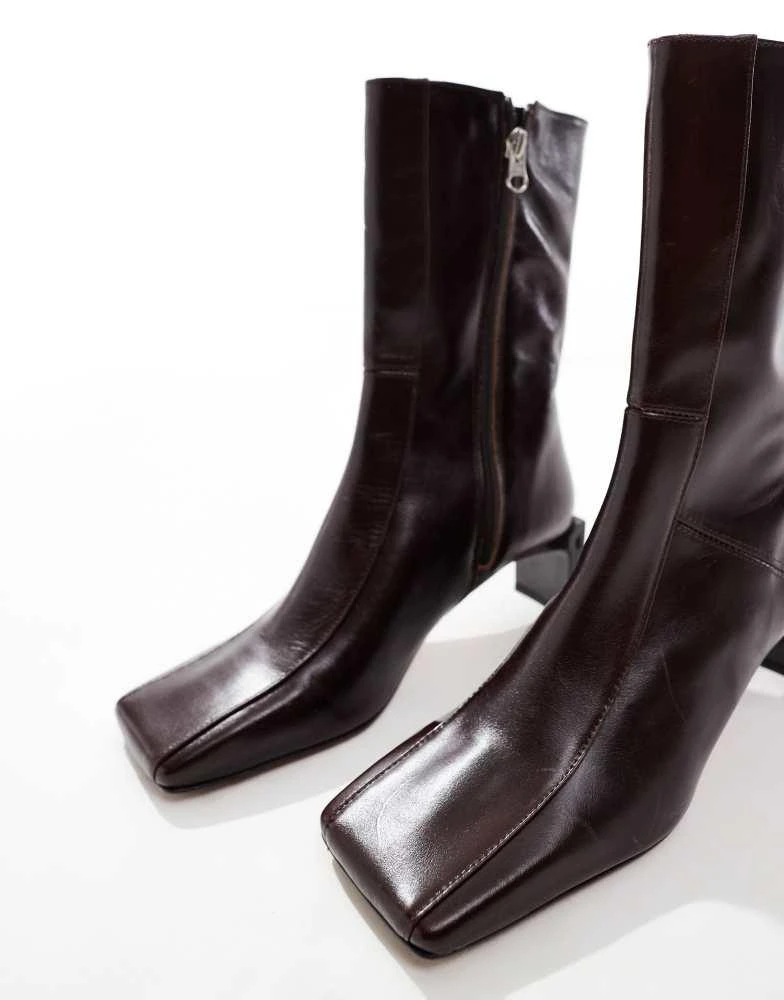 ASOS ASOS DESIGN Raine premium square toe mid-heel boots in burgundy leather 2