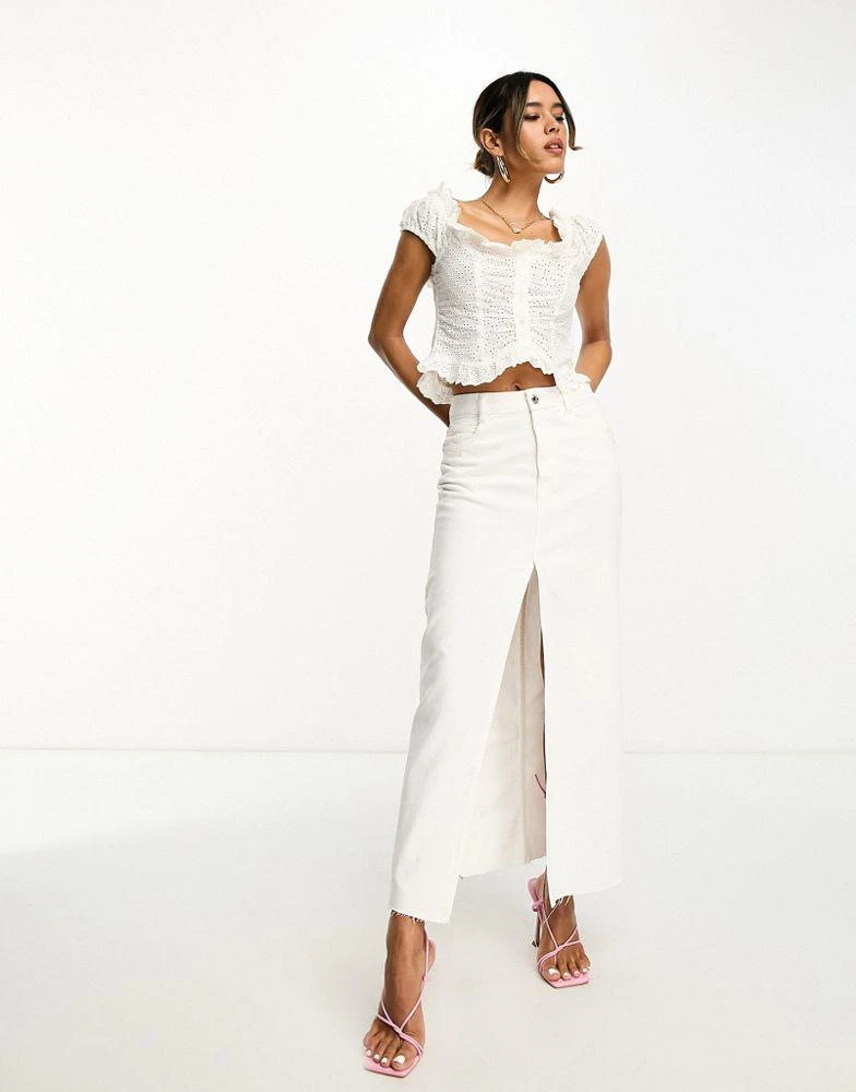 ASOS ASOS DESIGN broderie corset button front top with frill neck in white 3