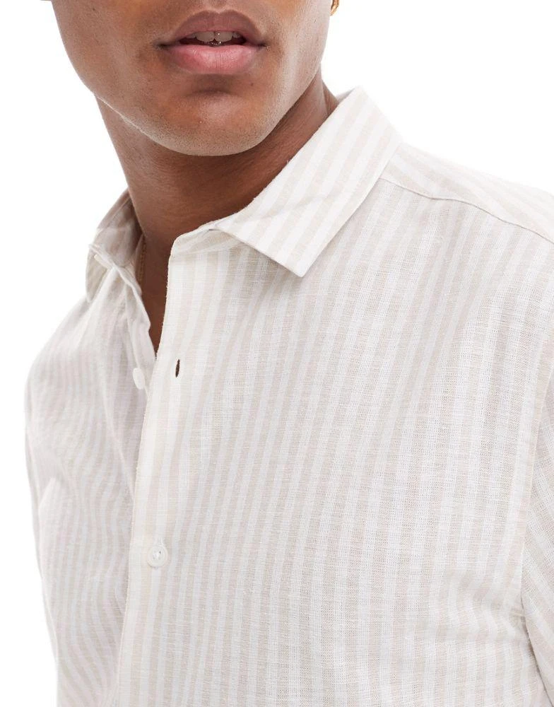 ASOS ASOS DESIGN smart linen mix stripe regular shirt with cutaway collar in beige 2