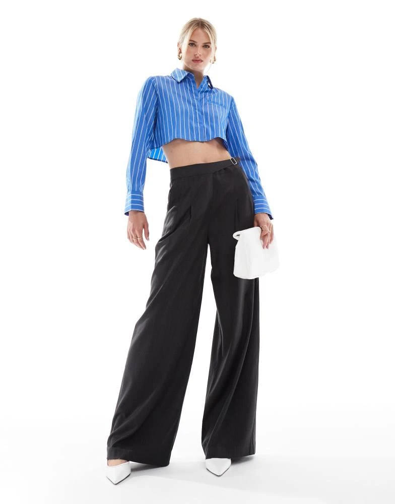 ASOS ASOS DESIGN Tall tailored wide leg trouser with asymmetric buckle detail in grey stripe 2