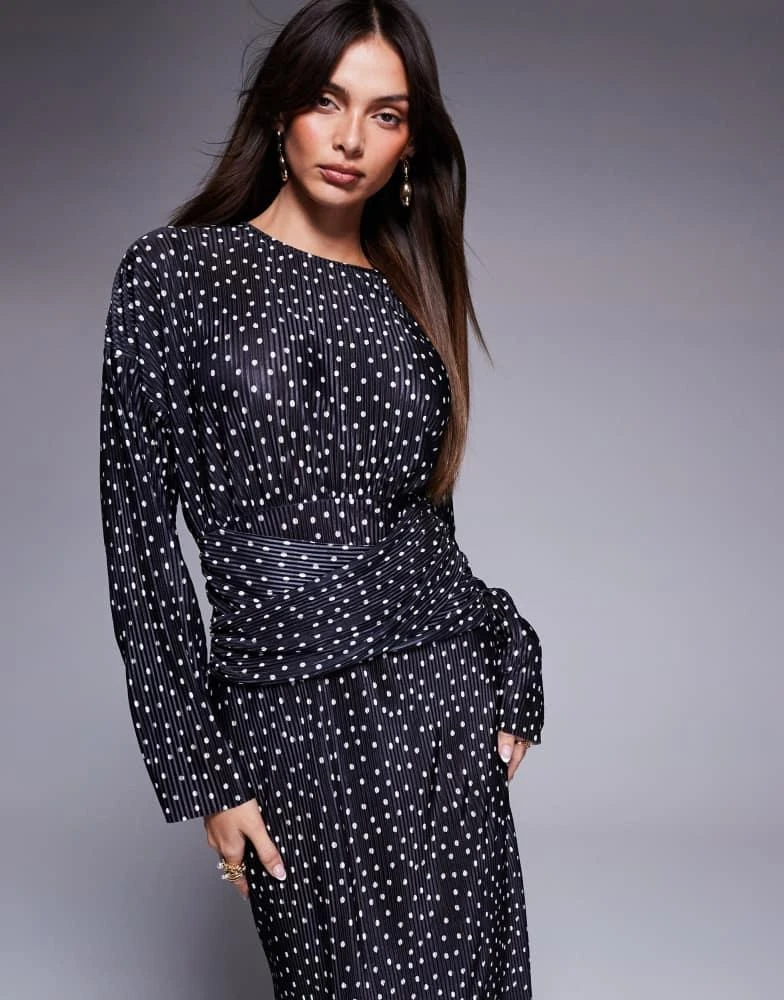 ASOS Design plisse high neck long sleeve wrap waist maxi dress in dot-Multi ASOS Design plisse high neck long sleeve wrap waist maxi dress in dot-Multi