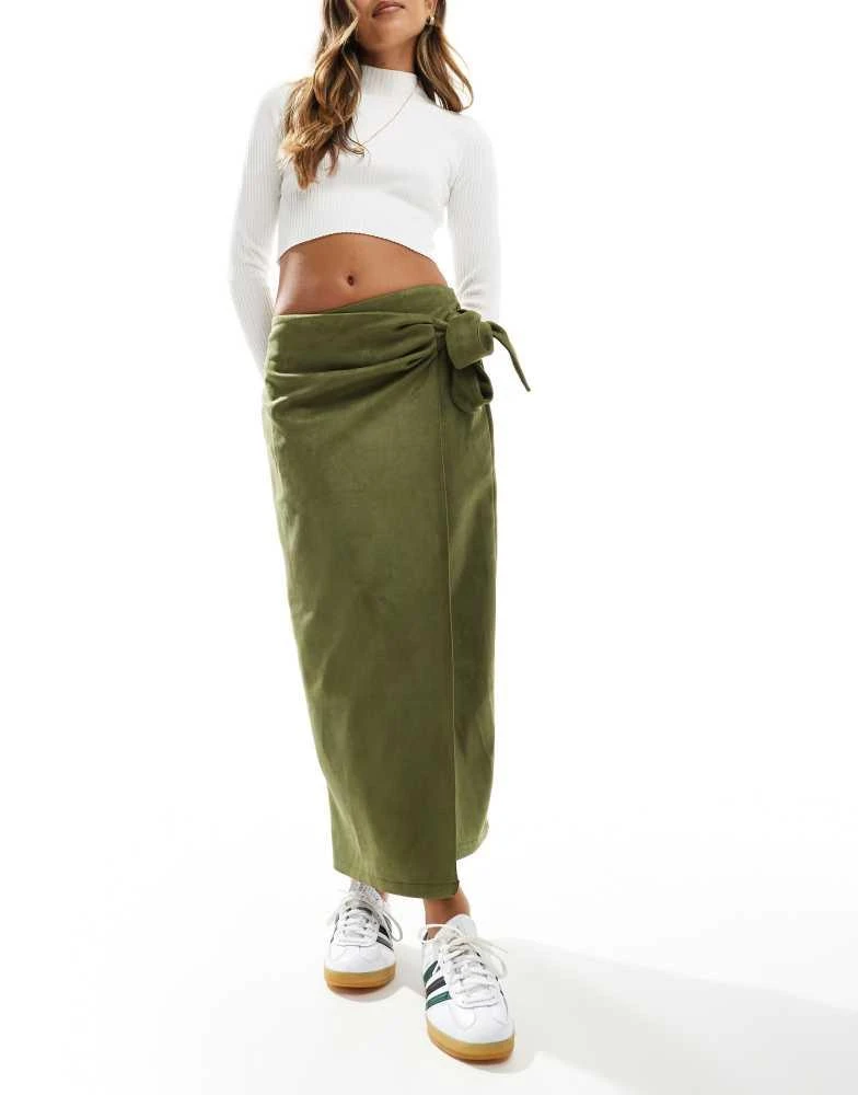 ASOS ASOS DESIGN wrap tie detail faux suede maxi skirt in khaki 1