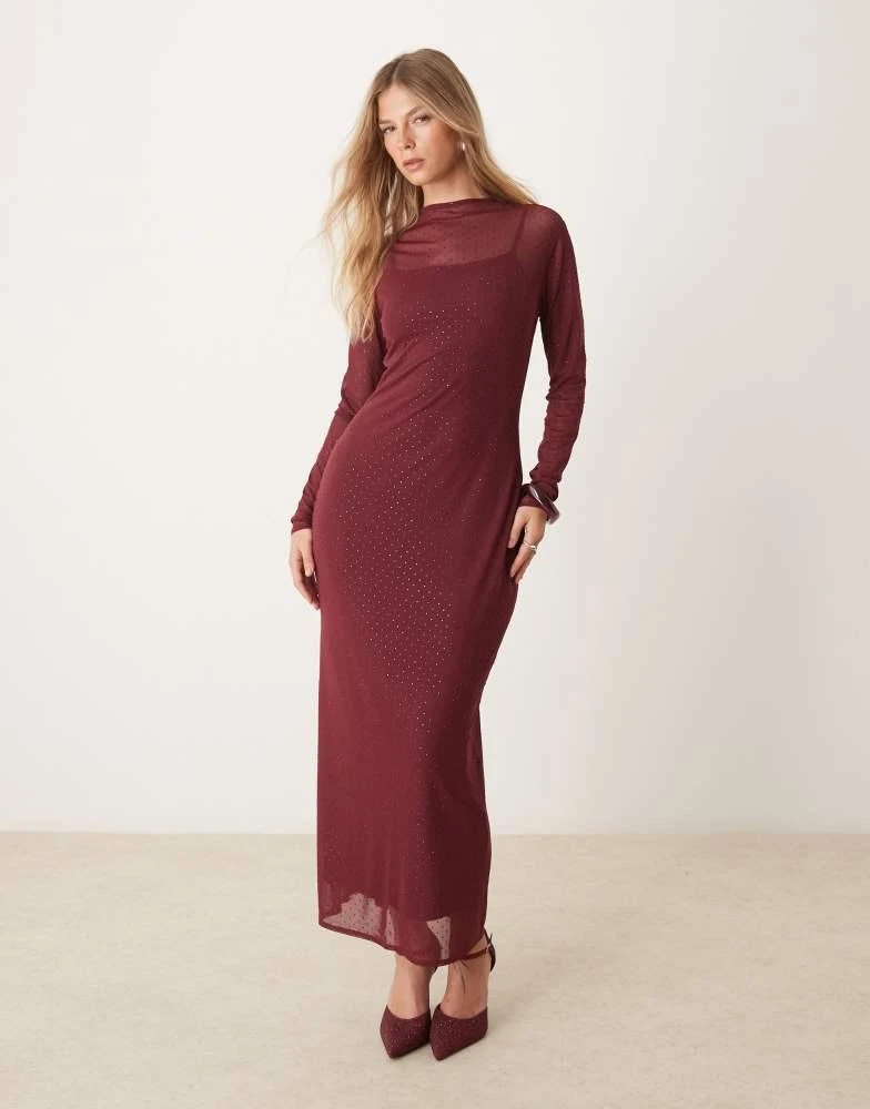 Abercrombie & Fitch Abercrombie & Fitch long sleeve rhinestone mesh midi dress in burgundy 1
