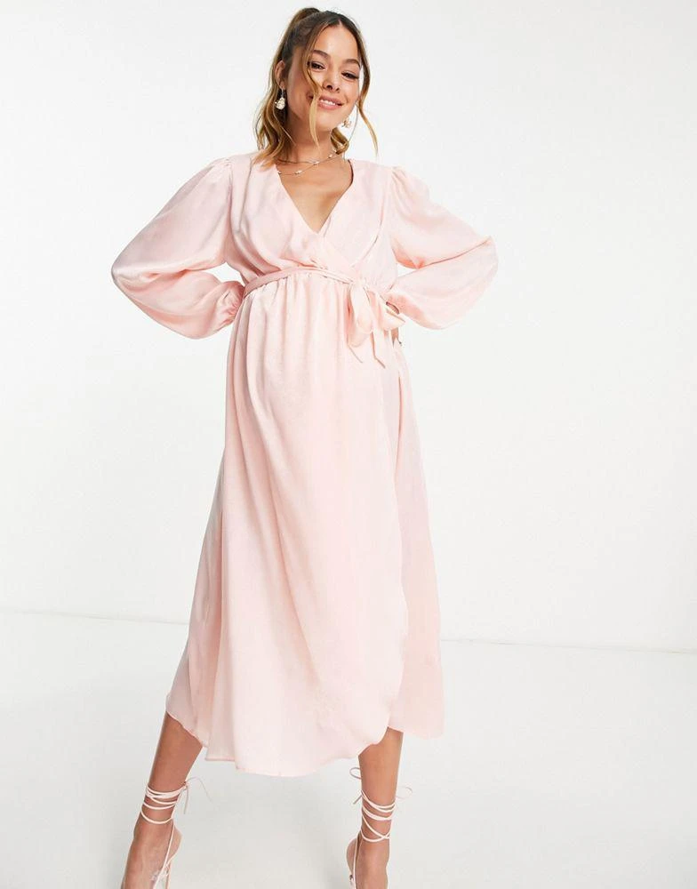River Island Maternity River Island Maternity satin wrap midi dress in pink 4