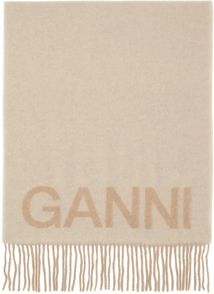 Ganni Beige Fringed Wool Scarf 1