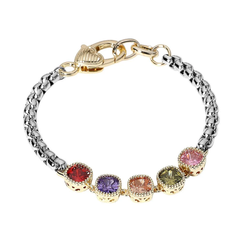 FASHNZFAB 14K Gold Plated Square Colorful CZ Stone Cluster Link Bracelet 2