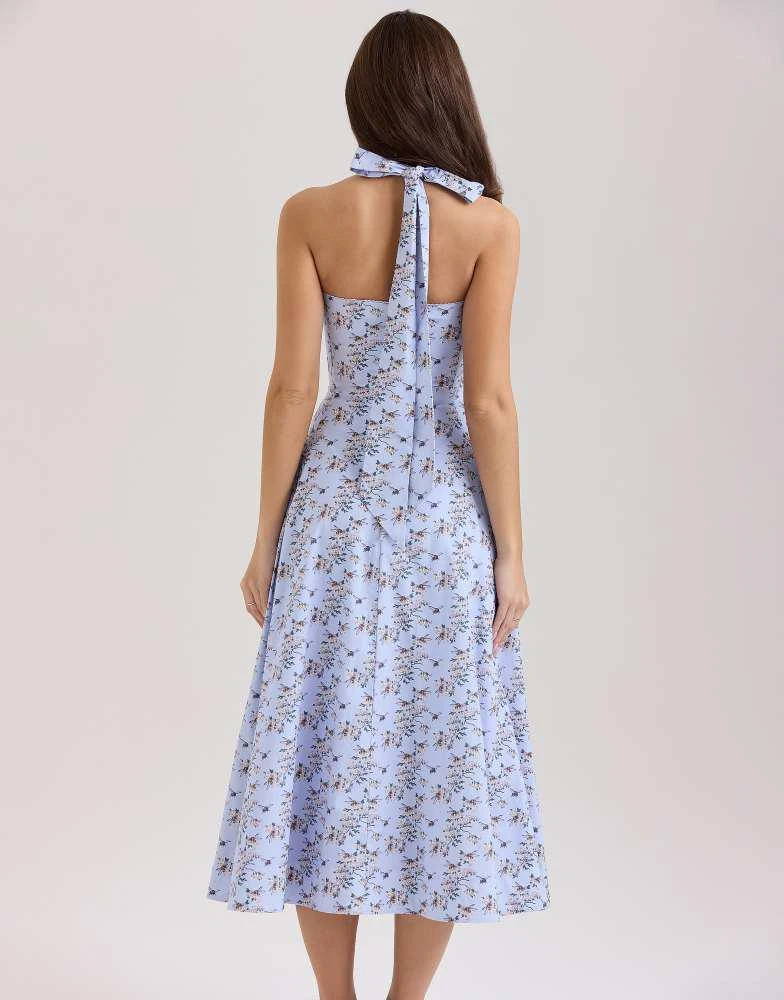 House of CB House of CB Claudia stretch cotton halter neck midi dress in blue floral print 2