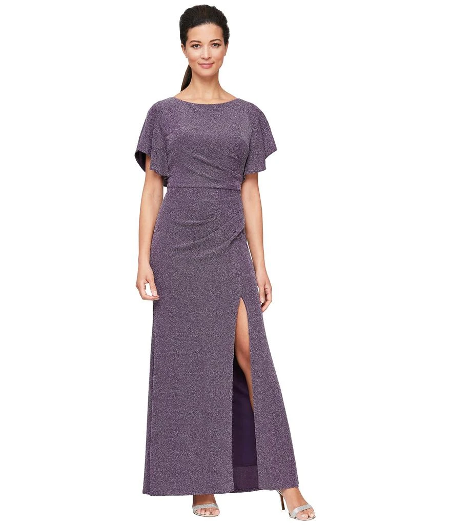 Alex Evenings Long Flutter Sleeve Dress with Ruche Waist Detail and Front Slit 1