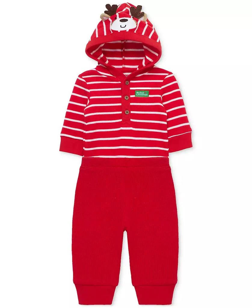 Little Me Baby My 1st Christmas Cotton Hooded Reindeer Bodysuit & Pants Set 1