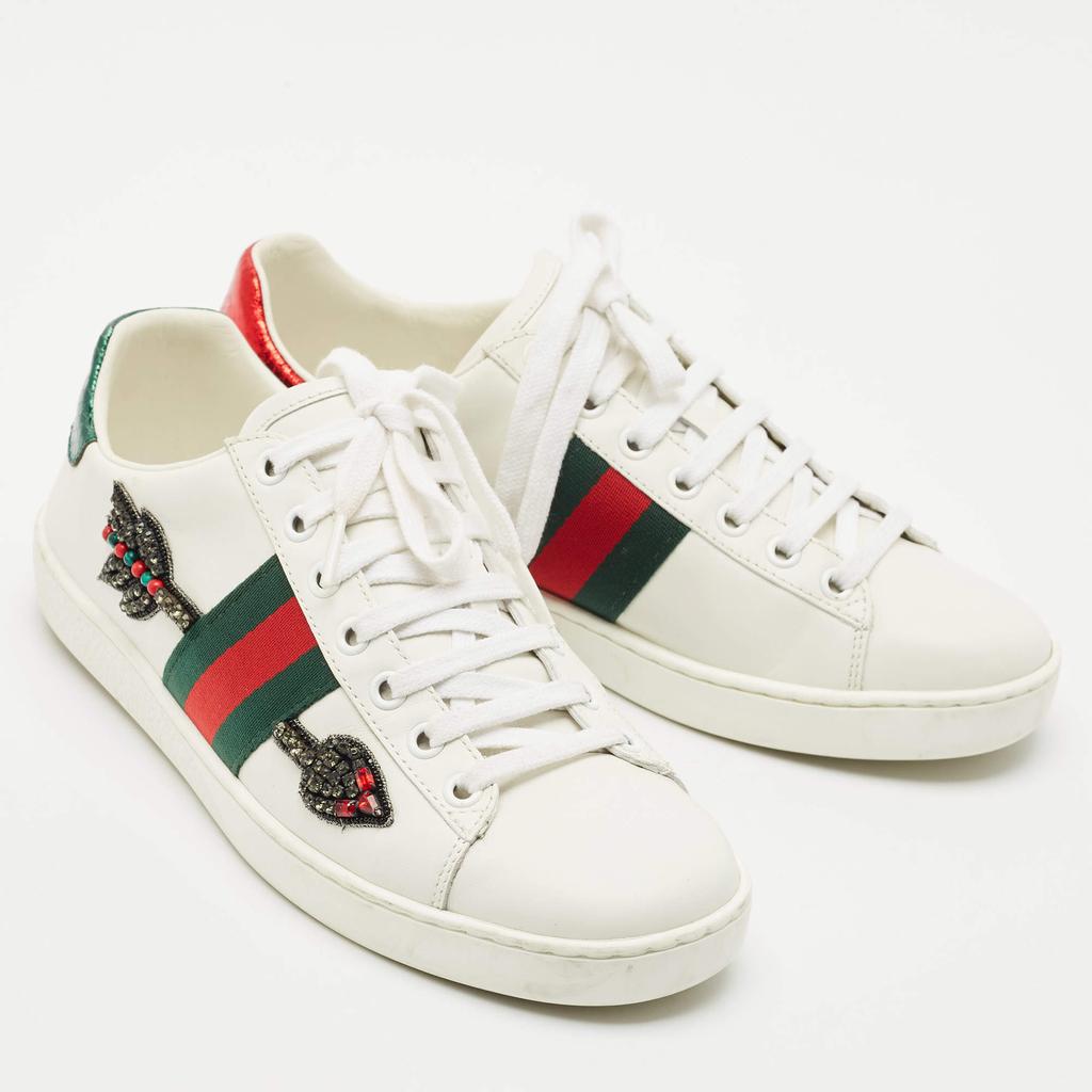 Shop Gucci White Leather Embellished Arrow Ace Sneakers Size 36.5
