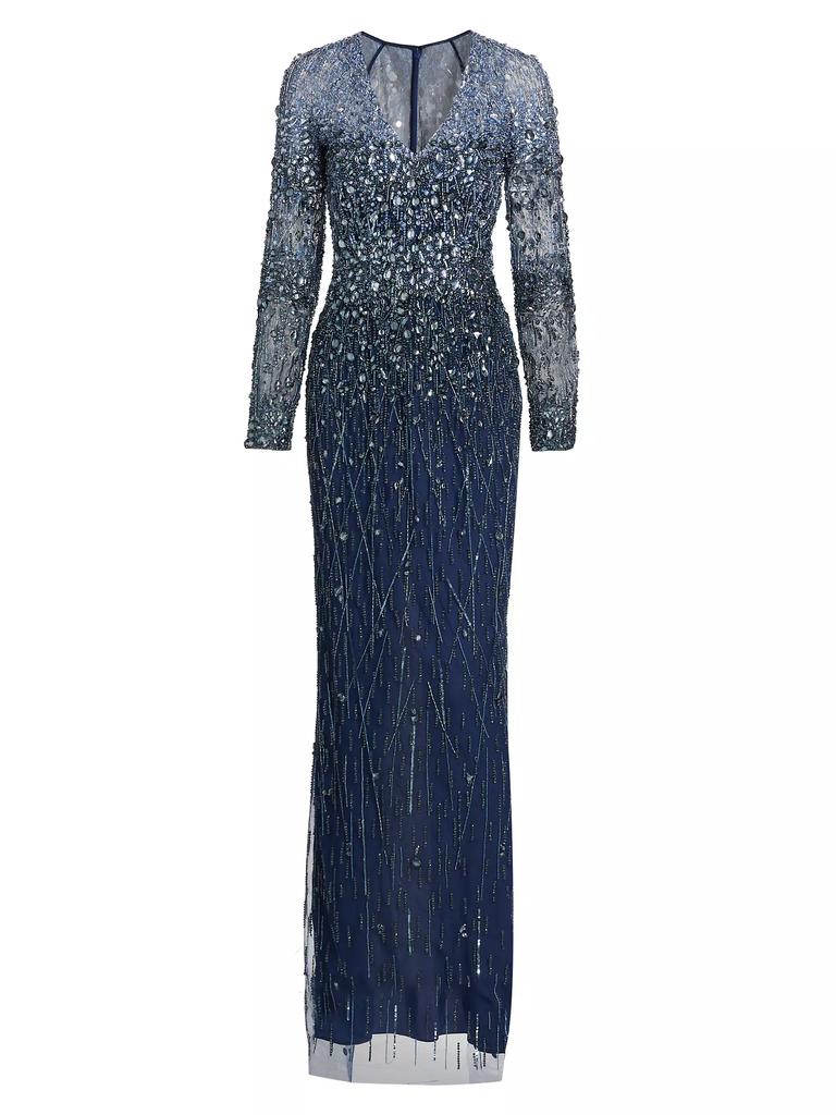 Pamella Roland Embellished Tulle V-Neck Column Gown